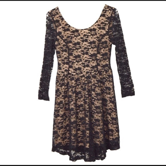Lush Black Lace Over Nude Fit Flare Sheer Lace Long Sleeve Midi Dress, Small - Picture 1 of 7